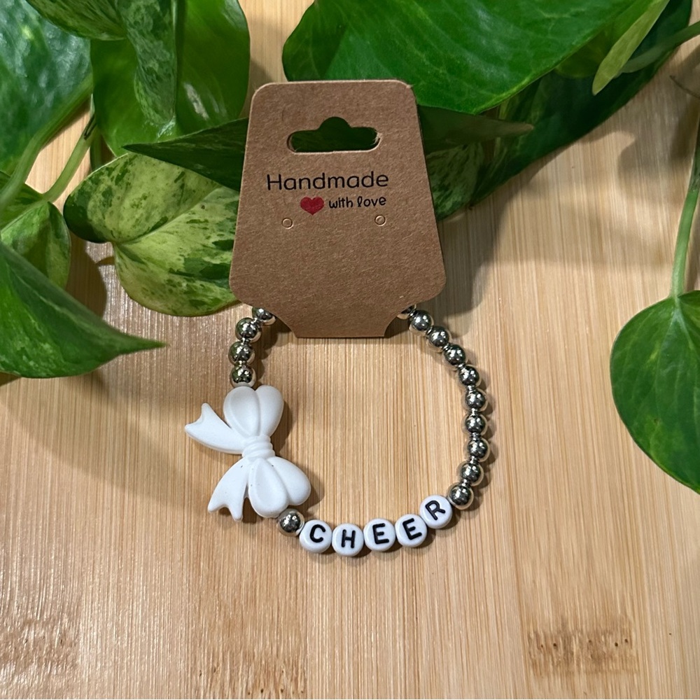 Silver Kids’ Stretchy Beaded Cheer Bracelet | Handmade | Silicone Bow 📣✨